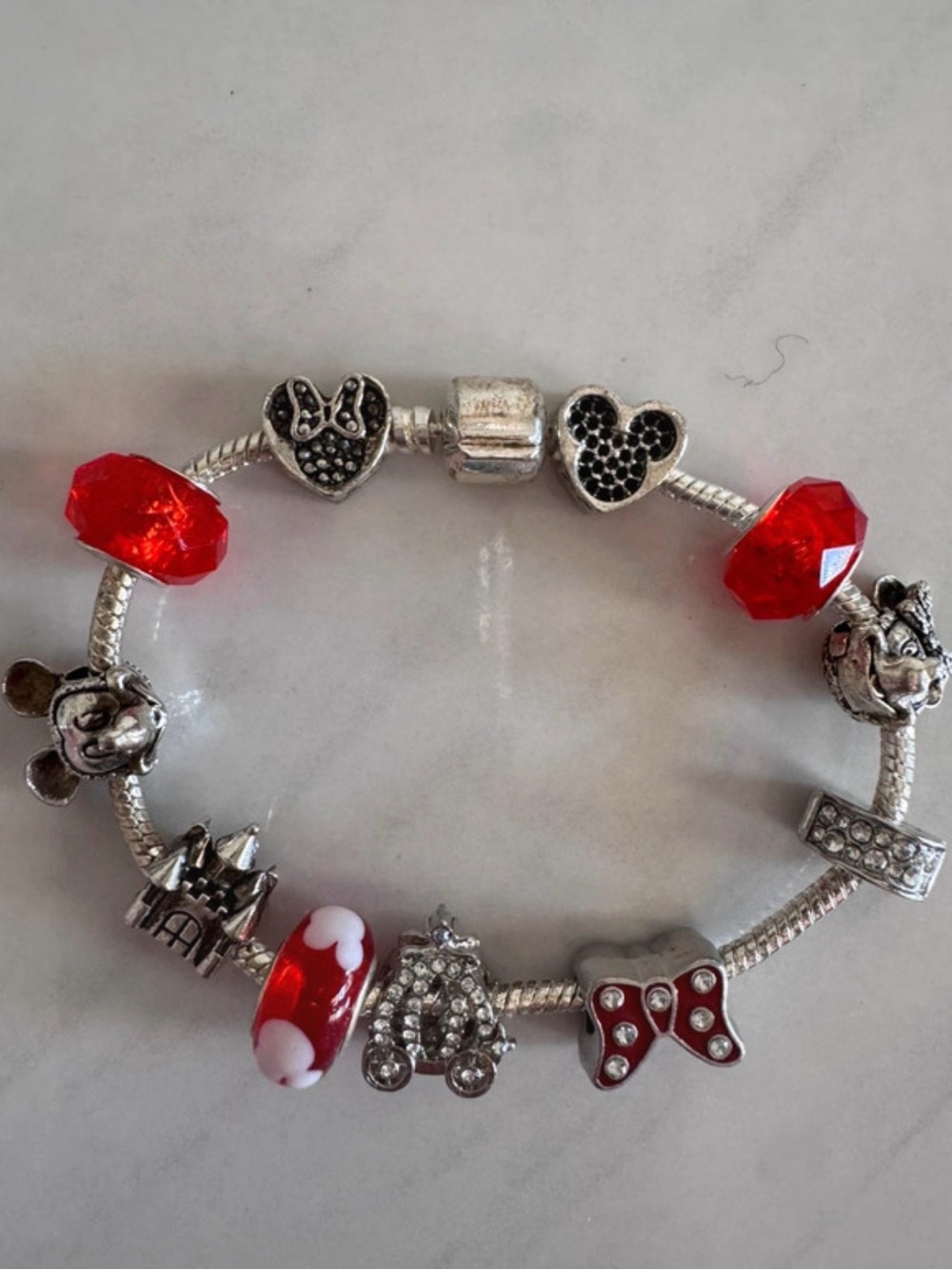 Silver Charm Bracelet with Red Glass & Bow Charms